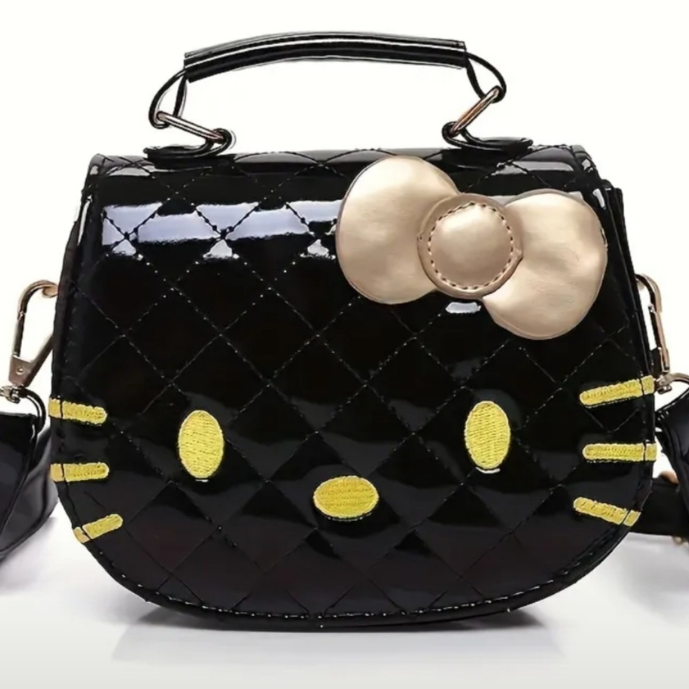 Black & Gold Embroidered Vinyl Hello Kitty Sanrio Crossbody Bag Purse Ha…
